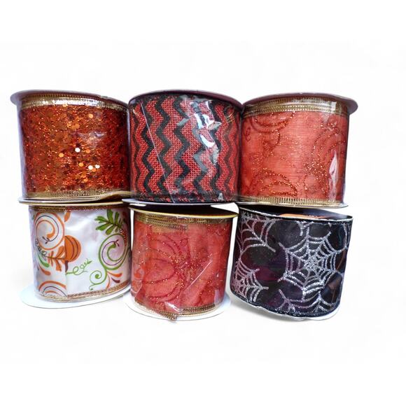 Source Unknown Other - Halloween Autumn Ribbon Lot Pumpkins Spiderweb Glitter 9 yard Wire Edge Spools